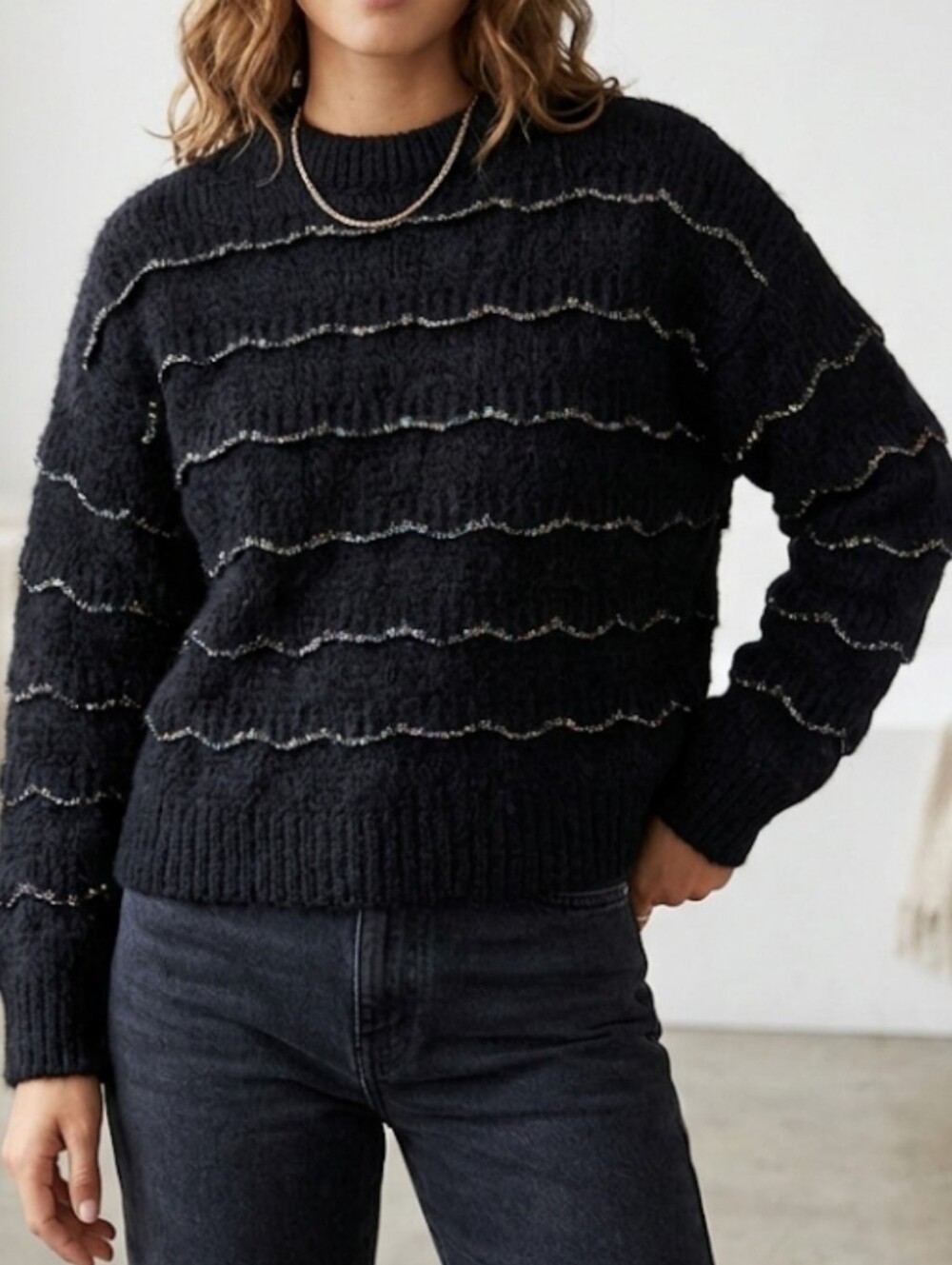 Zara Knit Black Whimsigoth Chunky Cozy Casual Crewneck Wool Blend Sweater Size S